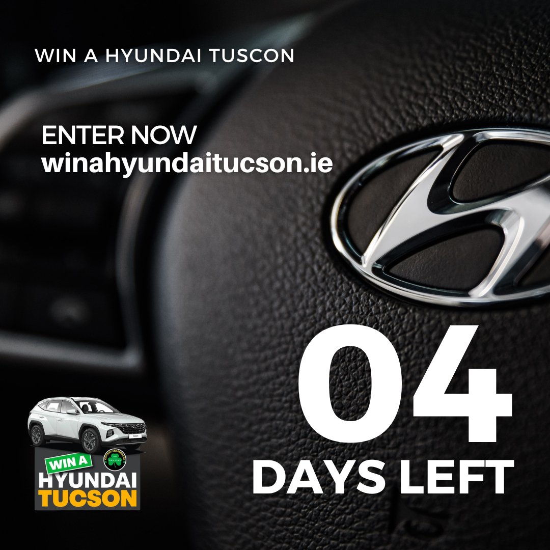 Just 𝟰 𝗱𝗮𝘆𝘀 to go until one lucky person wins a brand new Hyundai Tucson in our draw on 9th Jan ⏳ If you haven't got your <a href="/ConahyShamrocks/">Conahy Shamrocks</a> #WinAHyundaiTucson fundraiser ticket yet, you can get your hands on one here 🎫➡ winahyundaitucson.ie