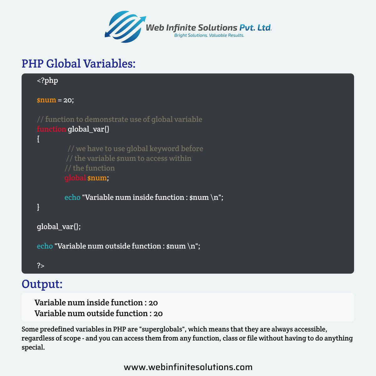 WebInfiSol's tweet image. Unlocking the Power of PHP: Navigating the Global Landscape with Global Variables 💻🌐 #webinfinitesolutions🚀#EfficiencyInCoding #PHP #CodingMagic