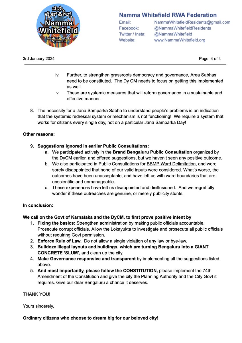 Why we gave Janasamparka Sabha a miss! 
Open letter to <a href="/CMofKarnataka/">CM of Karnataka</a> &amp; <a href="/DKShivakumar/">DK Shivakumar</a> 
Follow Constitution!
Govt at doorstep everyday!
Fix basics first!
Re-establish #RuleOfLaw Stop #Lawlessness 
Give us a Bulldozer Baba - demolish illegal bldgs!

Read:  docs.google.com/document/d/e/2…