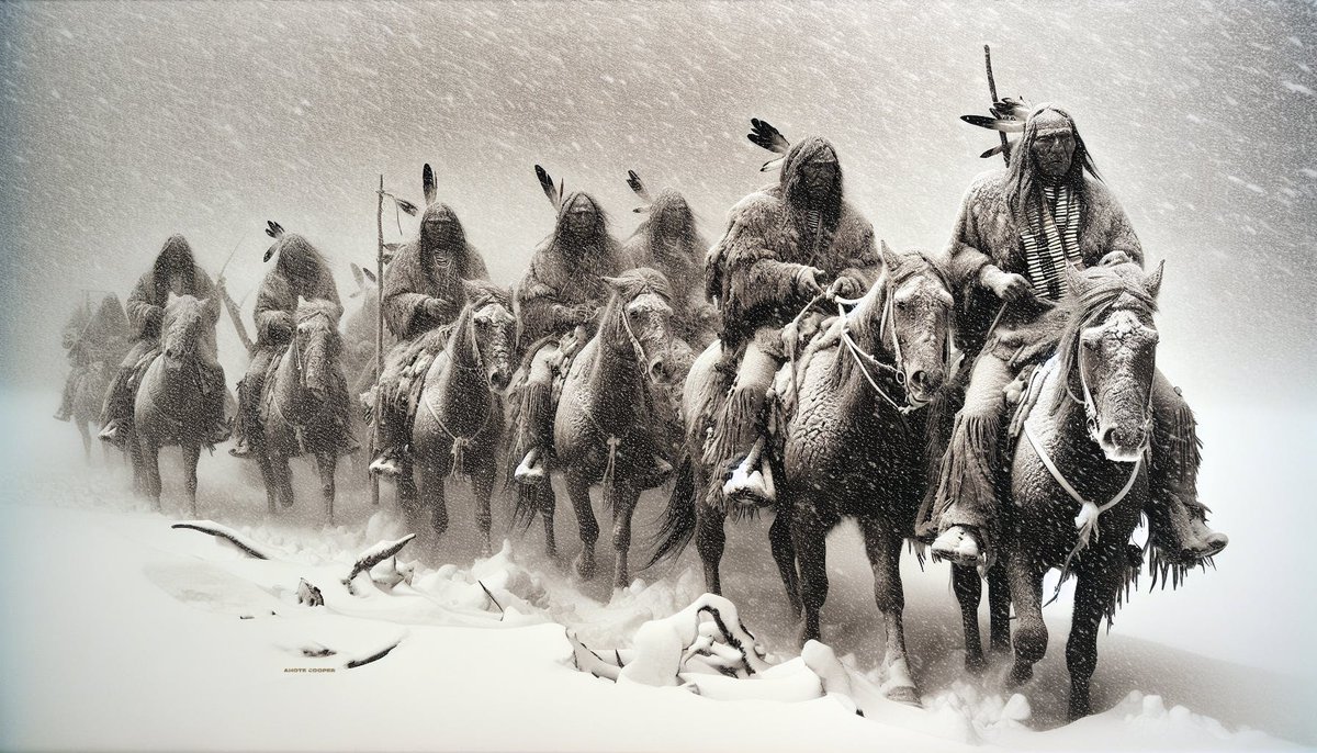 ahotecooper's tweet image. Good day!
Band on horseback braves the blizzard. ❄️🐎 Endurance and tradition in the face of adversity. #WinterRiders #IndigenousStrength #NativeAmerican