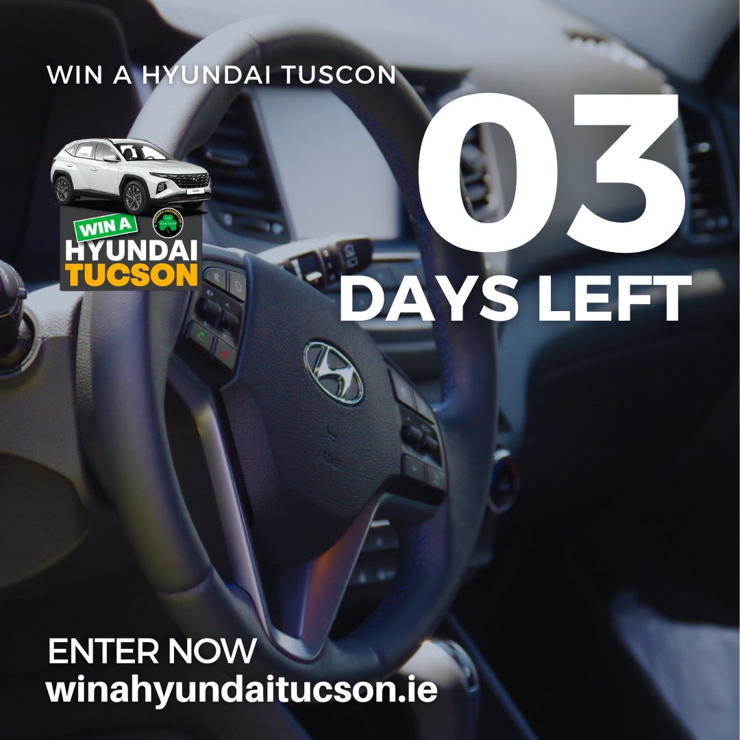 The countdown is well and truly on... just 𝟯 𝗱𝗮𝘆𝘀 to go until our draw 🤩

Fancy winning a brand new Hyundai Tucson? Snap up a ticket for our <a href="/ConahyShamrocks/">Conahy Shamrocks</a> #WinAHyundaiTucson fundraiser before it's too late 🎫➡ winahyundaitucson.ie