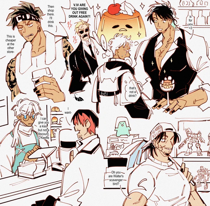 ac6 coffee shop AU where everyone works at a cafe except for Freud, who has a Gunpla store …. 