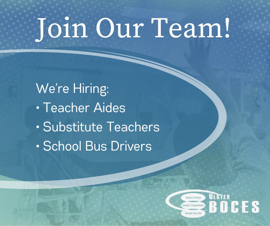 Ready to make a difference? 🍎 Join Ulster BOCES and be an essential part of our community! Now hiring Teacher Aides, Substitute Teachers (Career Pathways & Center for Innovative Teaching), and Bus Drivers. Shape the future of education with us! Apply now: trst.in/rNNeEo