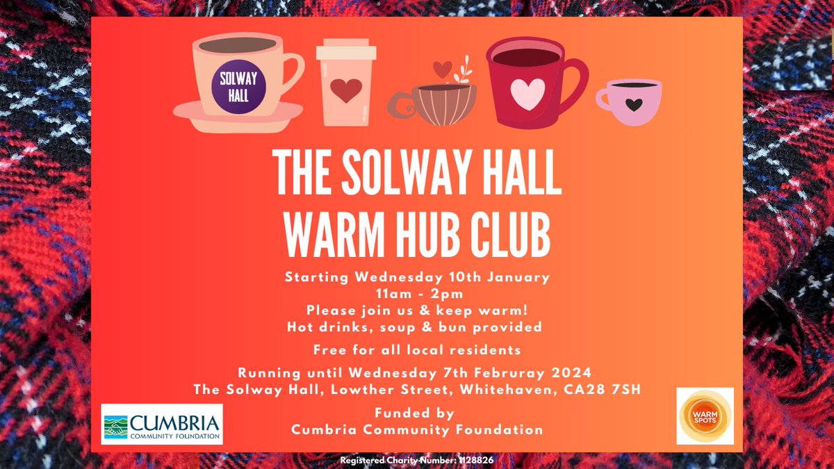 thesolwayhall's tweet photo. We are delighted to say we will be running our Warm Hub Club again in the new year starting 10th January 2024 11am - 2pm, all welcome! Thank you to @cumbriacf for the funding! #WarmSpots https://t.co/Cp57Clpso0
