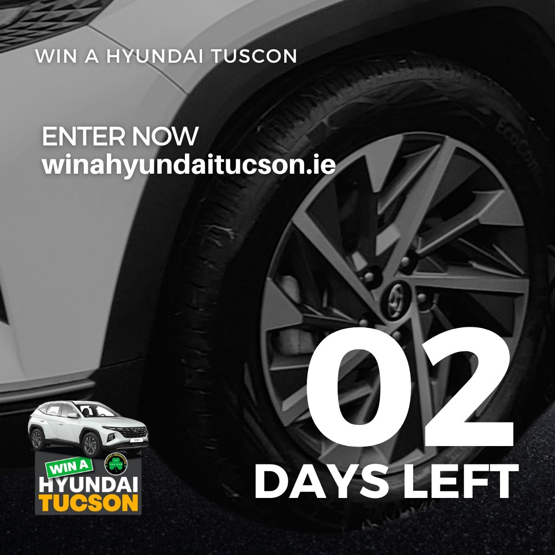 There are just 𝟮 𝗱𝗮𝘆𝘀 left to enter our <a href="/ConahyShamrocks/">Conahy Shamrocks</a> #WinAHyundaiTucson fundraiser! 🤩

One very lucky person will win a Hyundai Tucson worth €40,000 or a €35,000 cash alternative! Which would you choose? 🤔

Get your ticket here 🎫➡ winahyundaitucson.ie