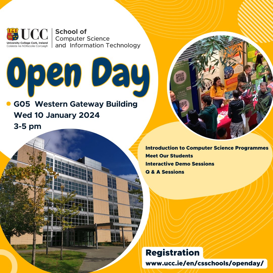 📢Computer Science Open Day @UCC! 10 January at 3pm - G05 Western Gateway Building Register now: ucc.ie/en/csschools/o… #StudySTEM #ComputerScience