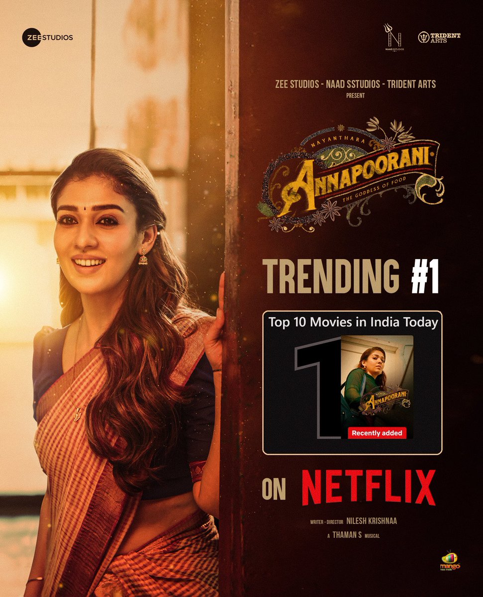 #Annapoorani - The Goddess of Food trending #1 on Netflix. Stream now - netflix.com/in/title/81682…
