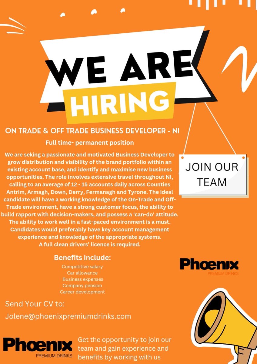 Phoenix Drinks (@phoenixdrinksni) on Twitter photo We are recruiting for a Sales Developer On & Off Trade for N.Ireland!
An exciting opportunity to join a growing team!
Please send a full CV to jolene@phoenixpremiumdrinks.com We are recruiting for a Sales Developer On & Off Trade for N.Ireland!
An exciting opportunity to join a growing team!
Please send a full CV to jolene@phoenixpremiumdrinks.com