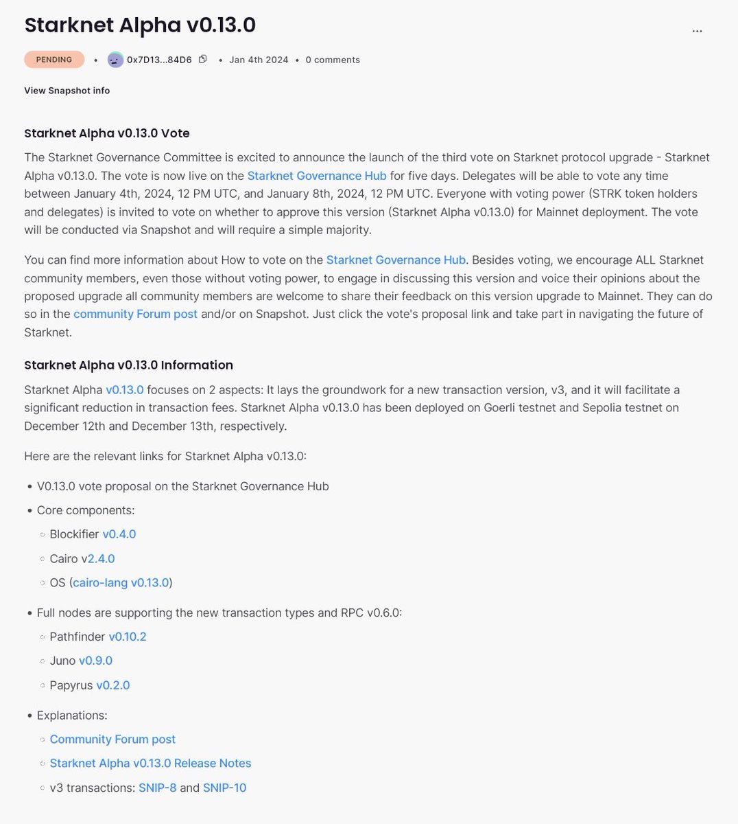 TheMaran's tweet photo. Starknet airdrop update 🪂

👉 Proposal for the Starknet Alpha v0.13.0 upgrade vote has been added to the governance

👉 Who can vote ?

➖ All $STRK token holders and delegates.

- These delegators are OGs , investors , Developers of Starknet.

👉 Voting duration

➖ January 4th, 12 PM UTC - January 8th, 12 PM UTC. There's a 1 day ( January 9 ) cooling period.

👉 What can we do as a community ?

➖ Shared your views on Starknet community forum https://t.co/QSVwc8tfM3

➖ Comment your opinion on governance proposal https://t.co/iPPqRpRMbM

👉 Can we see $STRK before January 10 ? 

👇 Comment your thoughts