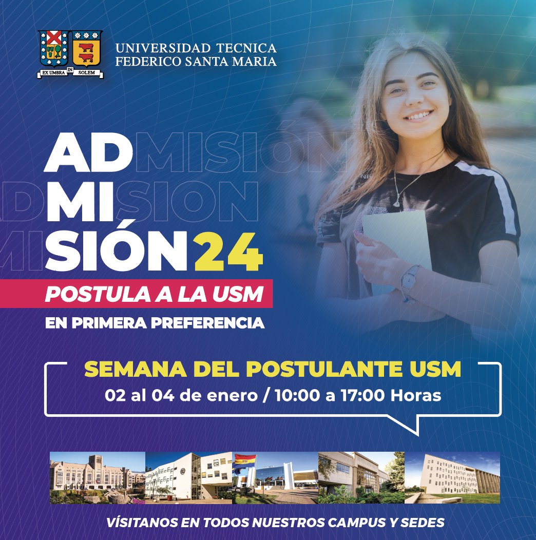 ¡Continúa la Semana del Postulante en la USM! ✏️📚 Hasta el 4 de enero en todos nuestros campus y sedes, podrás venir a conocer más sobre carreras, planes de estudio, beneficios y resolver todas sus dudas. Call Center #Admisión2024 📞 600 023 1000