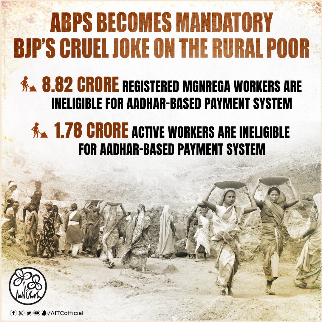 Despite widespread concerns flagged by workers, practitioners & researchers alike, the Modi Govt. has unilaterally enforced the mandatory Aadhaar-based payment system. 🚫8.82 crore registered workers and 1.78 crore active workers find themselves ineligible for ABPS. PM…