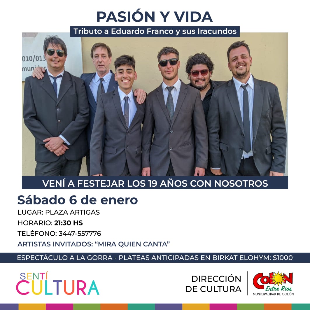 ¡𝗖𝗘𝗟𝗘𝗕𝗥𝗔𝗠𝗢𝗦 1️⃣9️⃣ 𝗔𝗡̃𝗢𝗦 𝗗𝗘 𝗣𝗔𝗦𝗜𝗢́𝗡 𝗬 𝗩𝗜𝗗𝗔! 🎵🎶 Vení a festejarlo junto a ellos y a disfrutar de los clásicos de Eduardo Franco y Los Iracundos 🎸🪗🎷.

📍 Sábado 6 de enero (21:30 hs.) - Plaza Artigas.

¡Los esperamos! 👋🏼