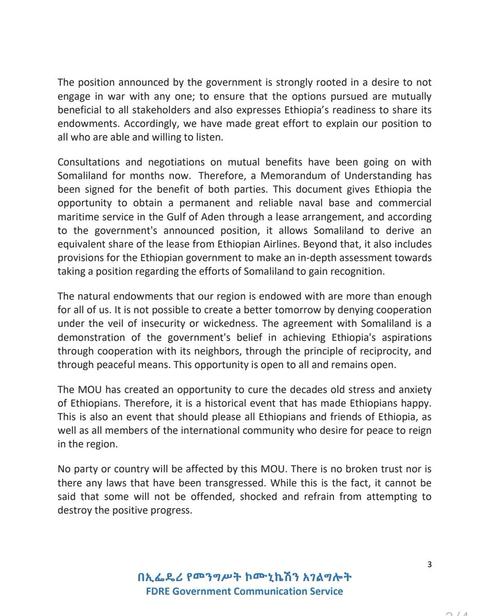 OlindPaul's tweet photo. Ethiopia releases formal communication on the MoU with Somaliland. Notably, it asserts Hargeisa's talking points and Ethiopia's national interests in having access to the sea. It also calls for Ethiopian unity in the face of  a "once in a lifetime historical occurrence" https://t.co/Aknrzzb5ze