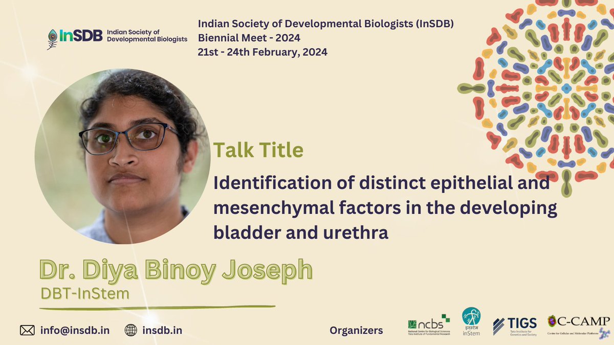 InSDB_79's tweet photo. Next from our lineup is Dr. Diya Binoy Joseph from DBT-InStem. She studies immune defenses in the urethra and the molecular mechanisms governing the antimicrobial functions of urethral epithelial cells.
We are pleased to have her at #InSDB2024! https://t.co/wlSXmjcLNK