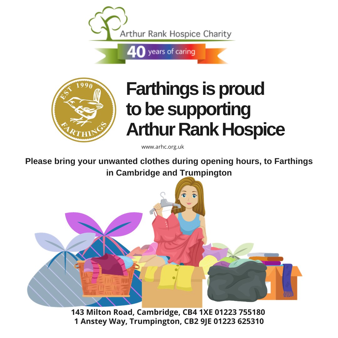 🌟 Closet Clear-Out? Donate at Farthings! 🌟 Got extra clothes? Please bring them to Farthings in Trumpington or Cambridge. We're aiding Arthur Rank Hospice with your donations. Your fashion can make a difference!
👕🧥 #ClothesForACause #FarthingsGives #CambridgeCharity