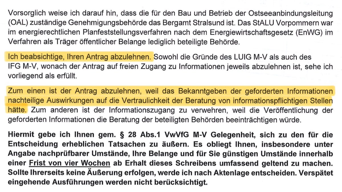 ConstZerger's tweet photo. Das hat wohl jemand was zu verheimlichen: Per #UIG-Antrag wollten wir vom #StALU, der Genehmigungsbehörde für das #LNG-Terminal #Rügen, Zugang zur Kommunikation mit dem #BMWK. Antwort: Man fürchtet „nachteilige Auswirkungen“ und möchte deshalb unseren Antrag ablehnen. 🤪 https://t.co/OELEpk6dvH