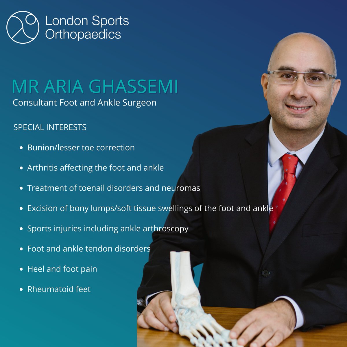 Mr Aria Ghassemi is one of our leading Foot and Ankle Surgeons here at LSO with practices around London, Essex and Hertfordshire.

Often described as 'wonderful and amazing' by his patients, Aria continues to provide exceptional healthcare to every single patient. 👏