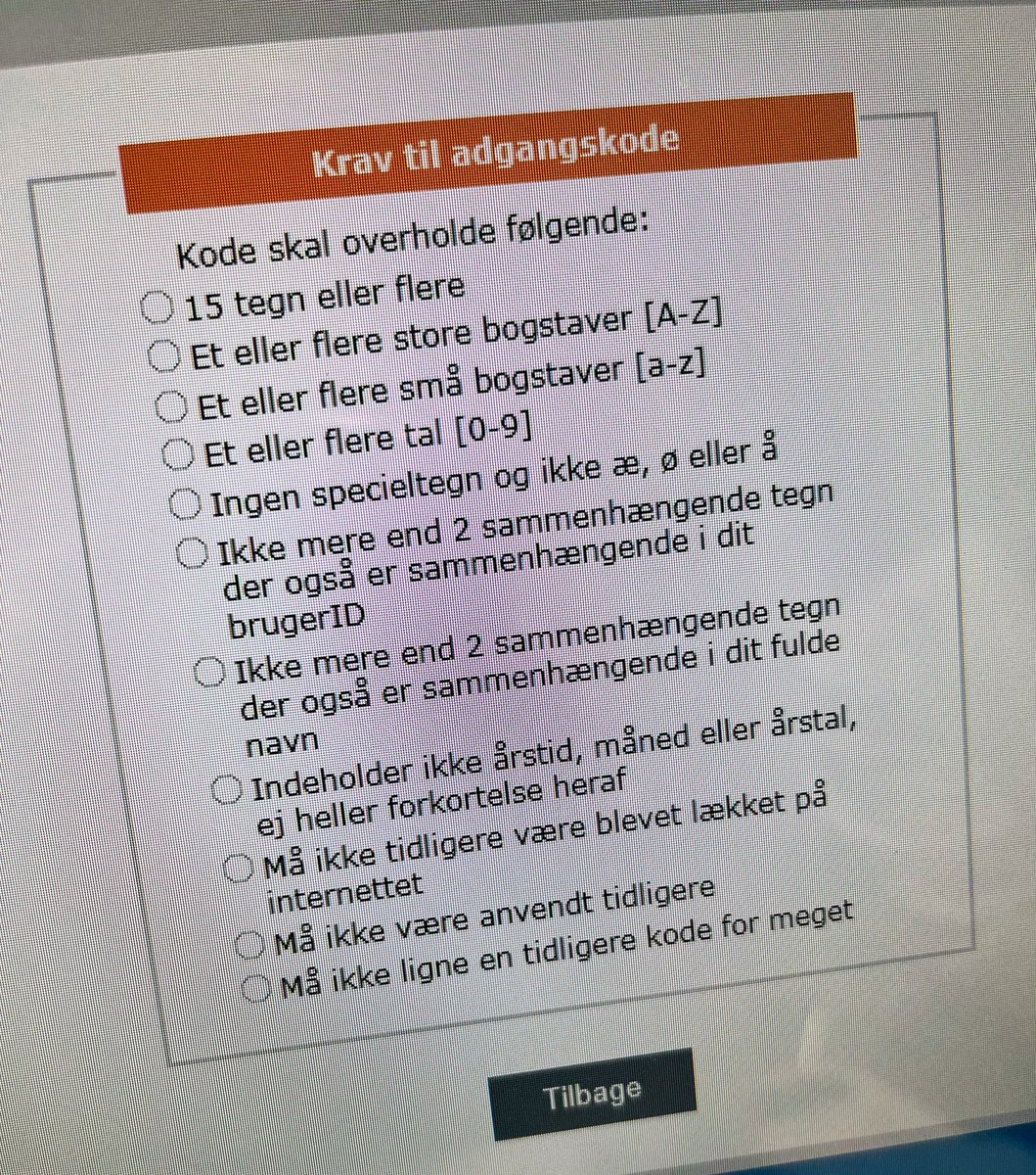 apandersen's tweet photo. Til jer IT-folk: 

Er I godt klar over hvor irriterende alle de mange krav I efterhånden stiller til et password?! 😡 https://t.co/AOw6jwQ3Y9