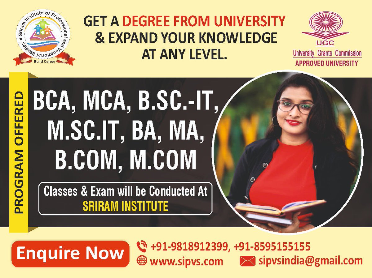Get a Degree from University & expand your knowledge at any level-Join Sriram Institute for the best B Voc and M Voc degree in Uttam Nagar,Rohini, & Panipat.
📞Call-9818912399
#degree #BBA #BCOM #BA #BCA #computercourses #vocationalschool #professionalcourses #education #NewPost