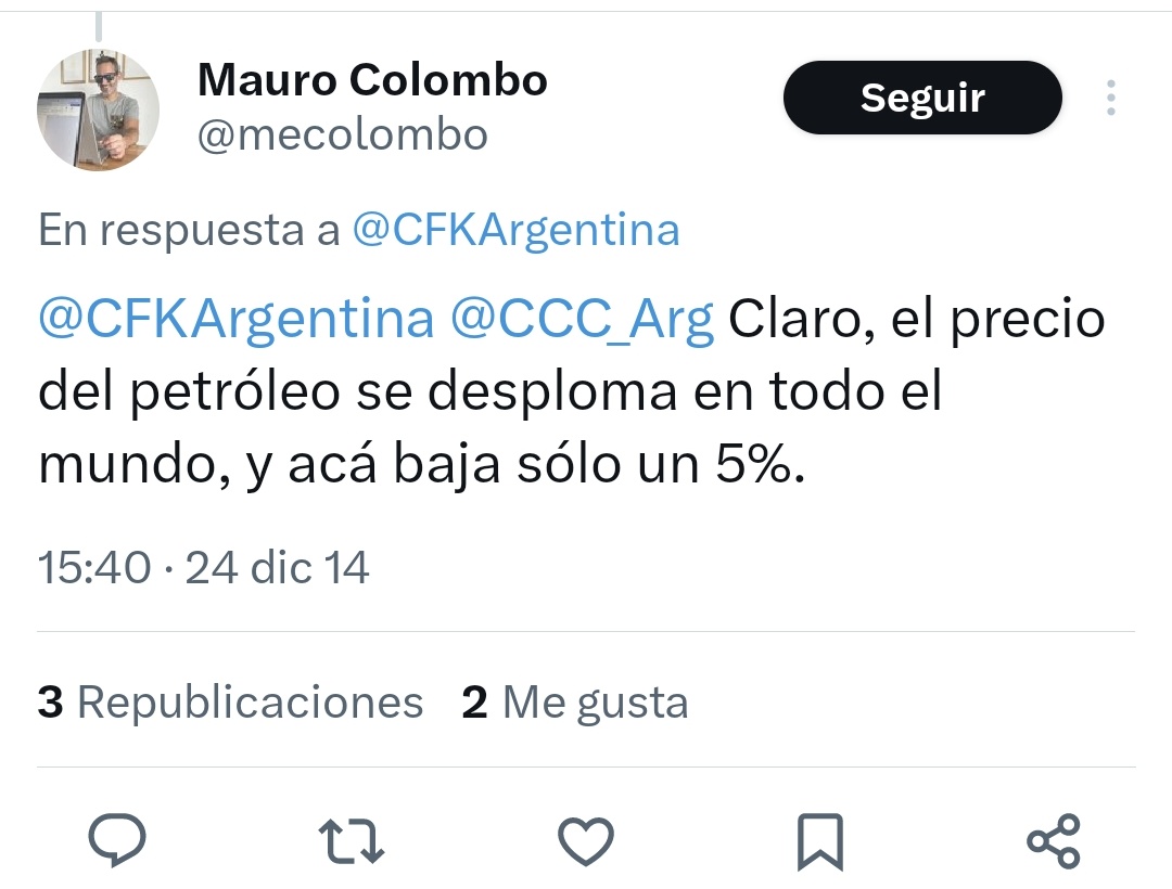 Podemos volver al 2014 cuando los problemas del argentino eran que Cristina bajaba 5% la nafta? gracias