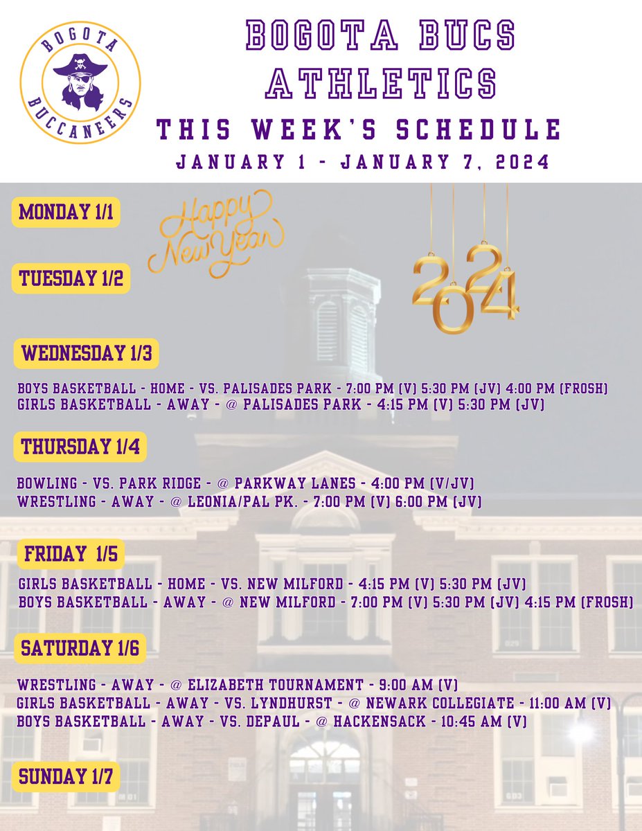 Bogota Bucs (@bogotaathletics) on Twitter photo Here is a look at this week's schedule of athletic events, best of luck to all of our student-athletes and coaches. Go Bucs! <a href="/BogotaPublic/">Bogota Public Schools</a> <a href="/BogotaHigh/">Bogota Jr./Sr. High School</a> <a href="/bogotablognj/">Bogota Blog NJ</a> Here is a look at this week's schedule of athletic events, best of luck to all of our student-athletes and coaches. Go Bucs! <a href="/BogotaPublic/">Bogota Public Schools</a> <a href="/BogotaHigh/">Bogota Jr./Sr. High School</a> <a href="/bogotablognj/">Bogota Blog NJ</a>