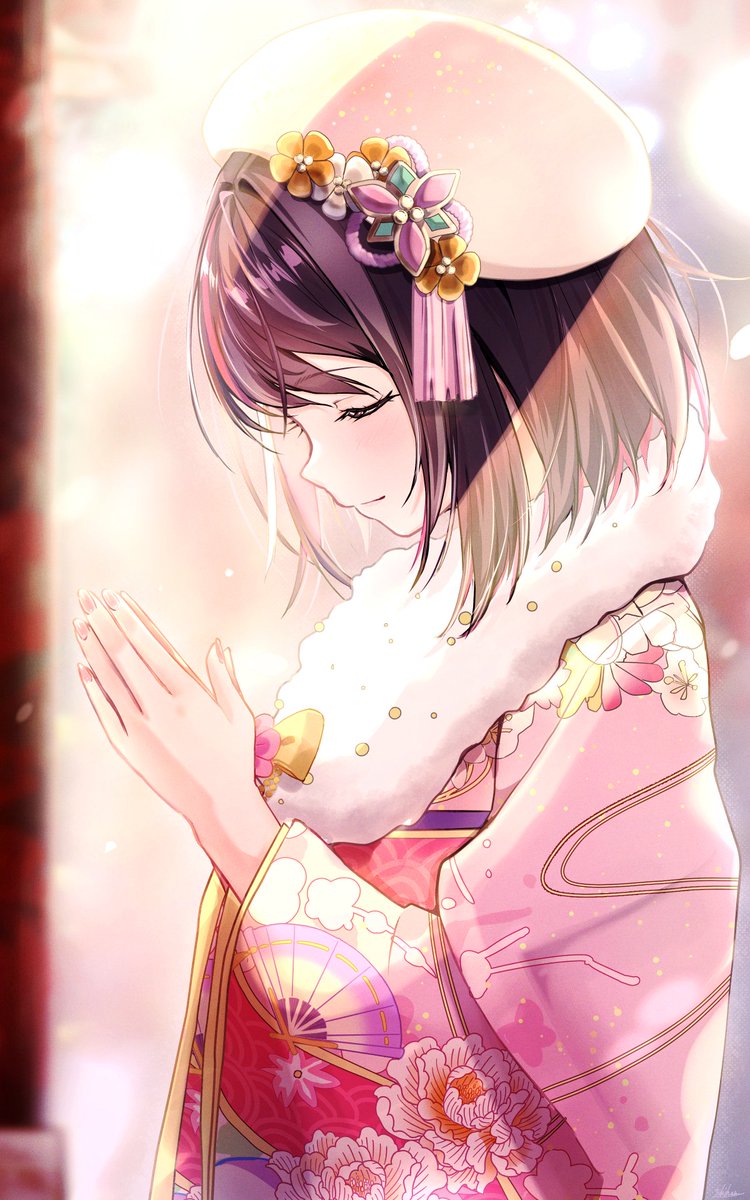 azki (hololive) 1girl solo japanese clothes kimono closed eyes hat pink kimono  illustration images