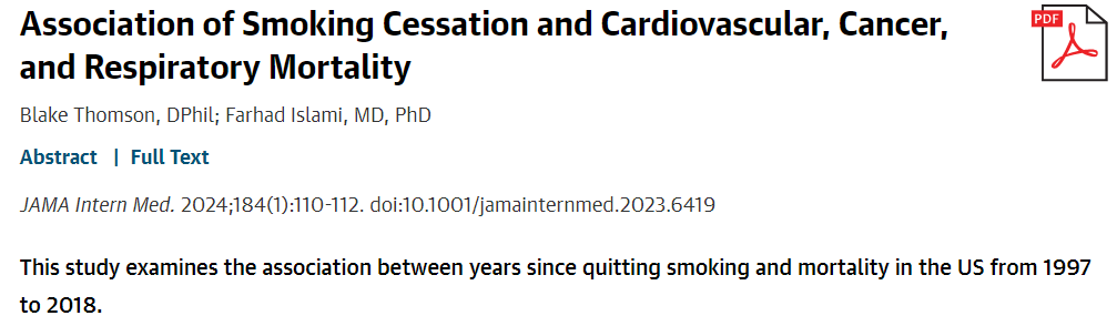 Our @AmericanCancer research now out in @JAMAInternalMed! w/@FarhadIslami Smoking associated w/ >2x cardiovascular, 3x cancer, and 13x respiratory mortality rates of never smokers But quitting avoids >53-64% of excess risk in first 10 years after quitting...