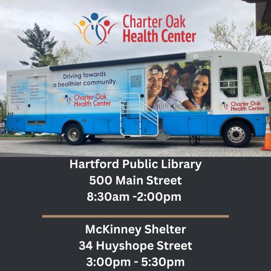Here’s our medical mobile van locations and times for today. No appointment needed! 

#mobilehealth #mobilehealthcare #community #wecare  #hartfordpubliclibrary #mckinneyshelter