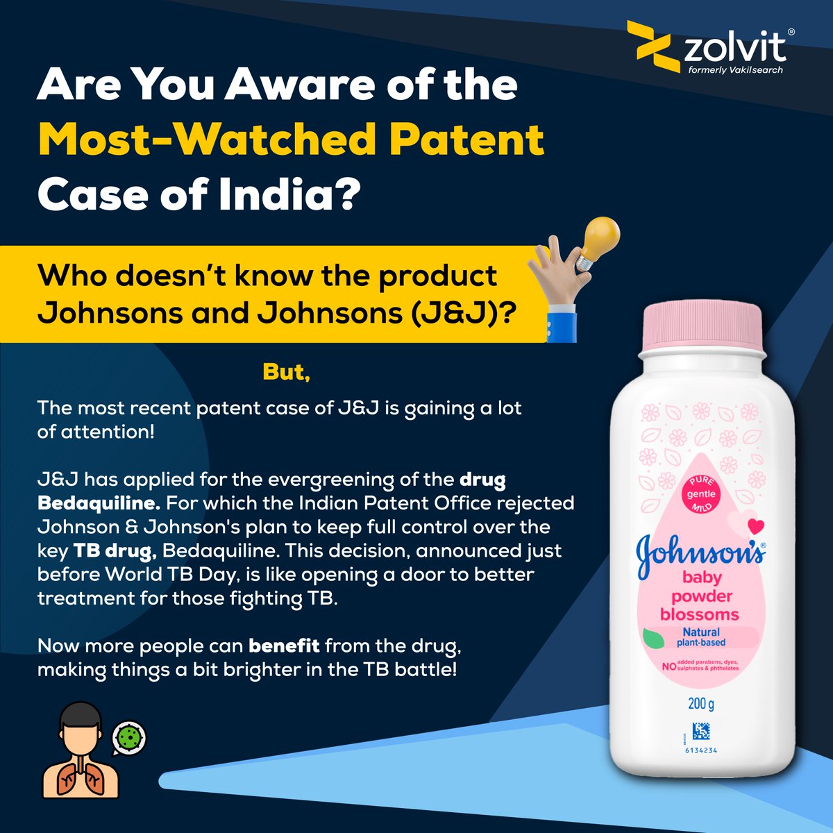 Letsvakilsearch's tweet photo. Get the inside scoop on India's buzzworthy J&amp;J patent case!

Stay informed and share your thoughts!

#patent #johnsons #bedaquiline #vakilsearch #legalservices #zolvit #TBday #babypowder #legalnews #legalinsights #indianlaw #patentwatch https://t.co/jbAehQNay1
