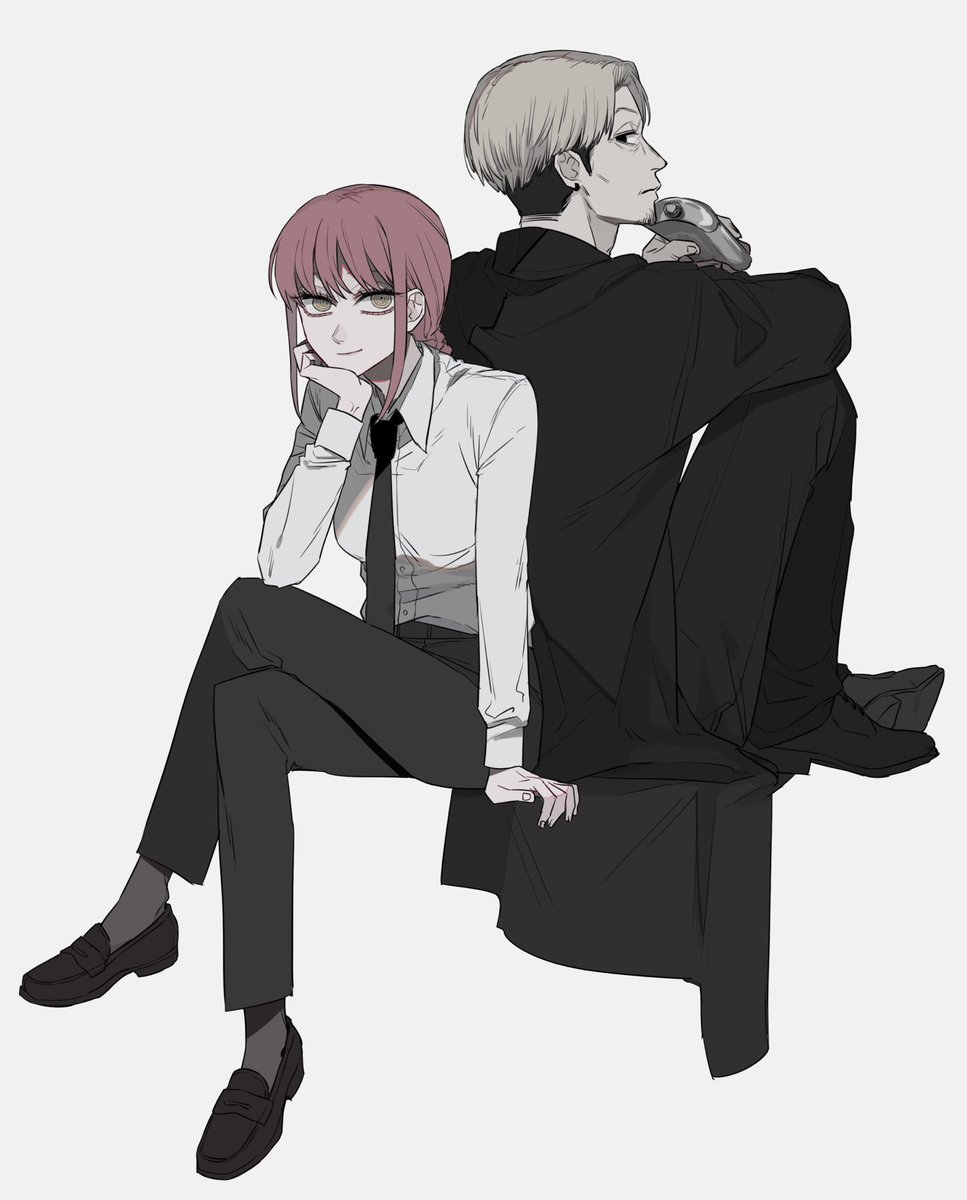 makima (chainsaw man) 1girl 1boy necktie black necktie shirt pants sitting  illustration images