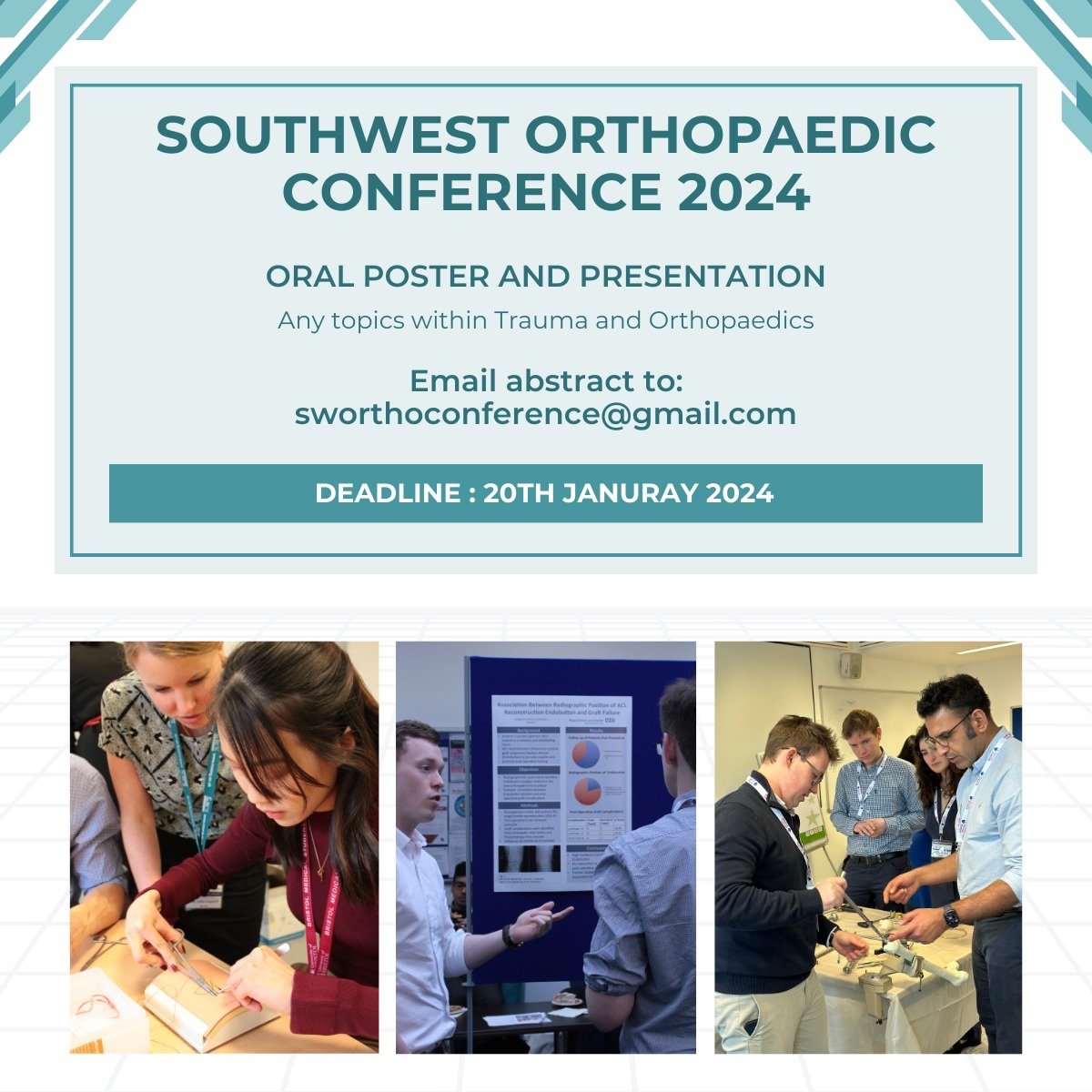 sworthoconf's tweet image. If anyone would like to apply to present at the conference please see below. Great way to get points on your surgical applications. #juniordoctors #nhs #medicalstudents #medschool #exeter #swoc #orthopaedics #conference #medicalposter