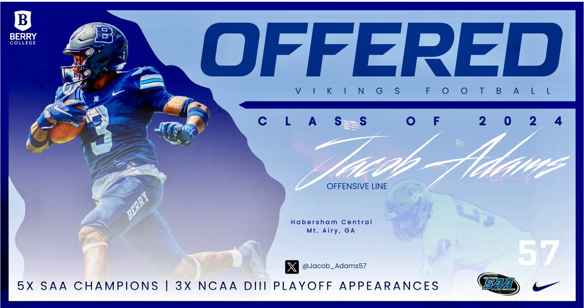 Blessed to receive my 1st official offer from @BerryFootball @BCCoachK @CoachJohnSikora @bluehose13 @TipJohnson7