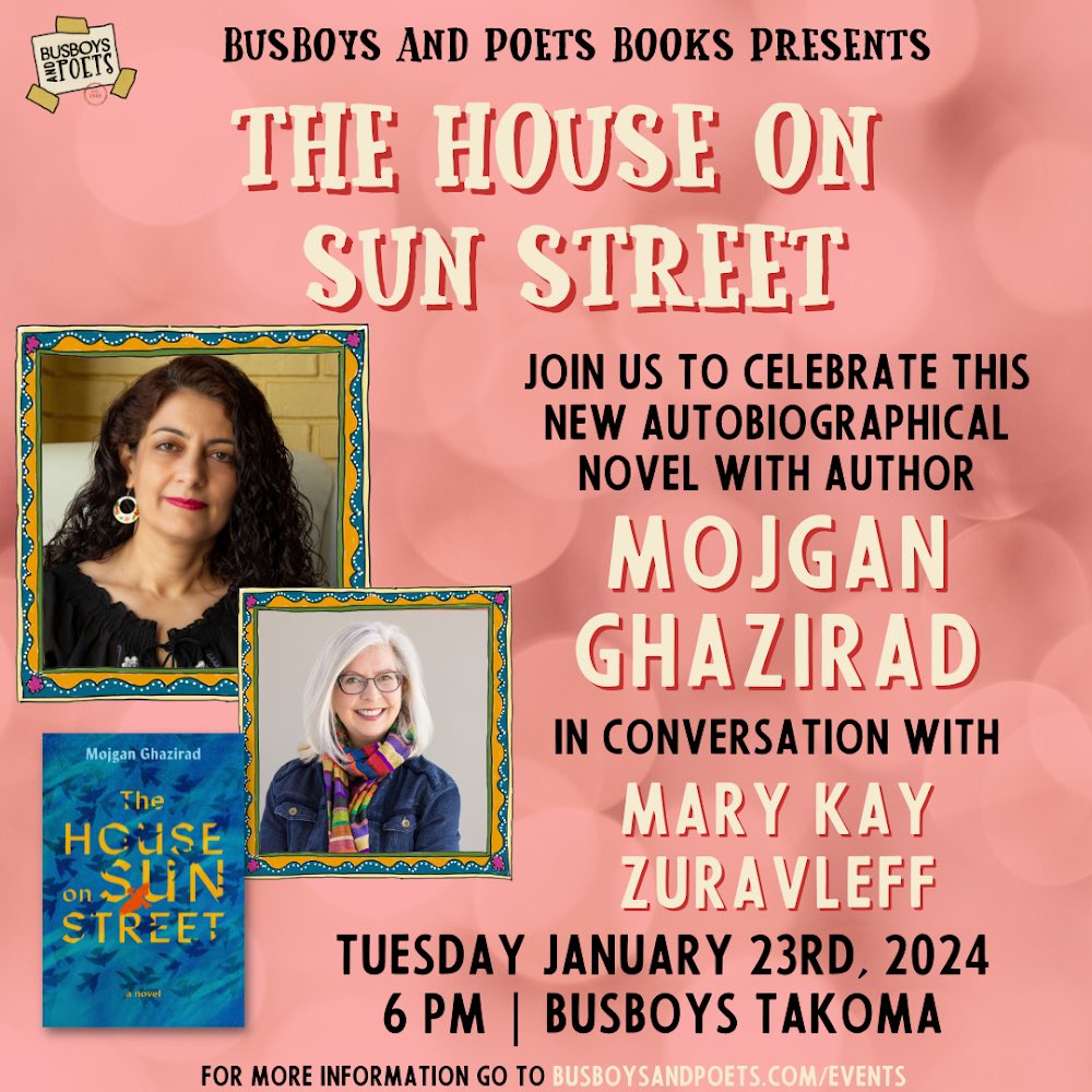 Great to start the new year with a book conversation. Please join me and Mary Kay Zuravleff for a gathering and discussion about my book The House on Sun Street @busboysandpoets located at Takoma on Tuesday Jan 23, 6 pm ET.