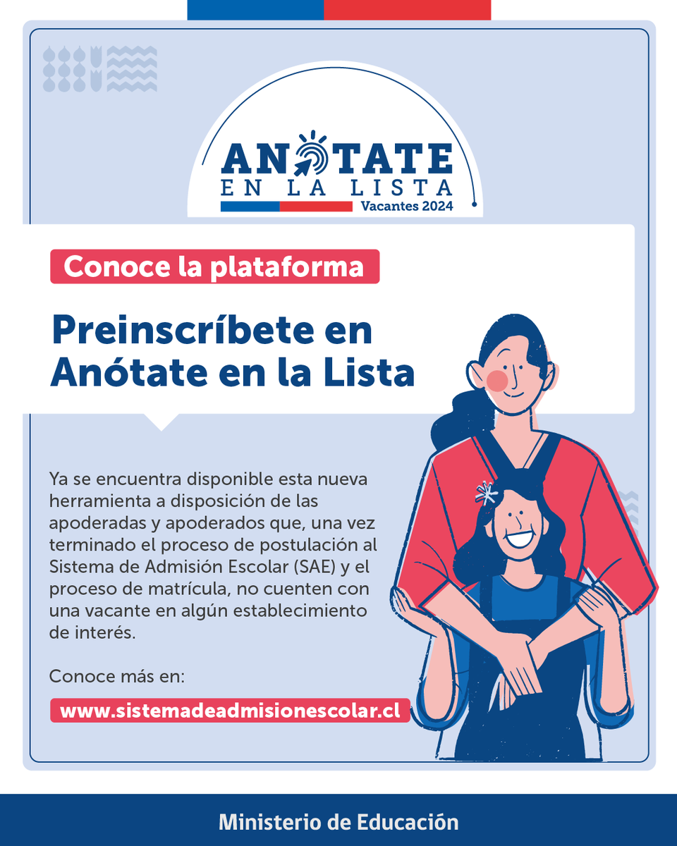 Mineduc's tweet photo. ¡Adelanta tu proceso de inscripción! Puedes ingresar tus datos, los del alumno o alumna y preseleccionar los establecimientos que son de tu interés.  

Ingresa a https://t.co/yXjmKziaKb https://t.co/7tkhTF11Gq