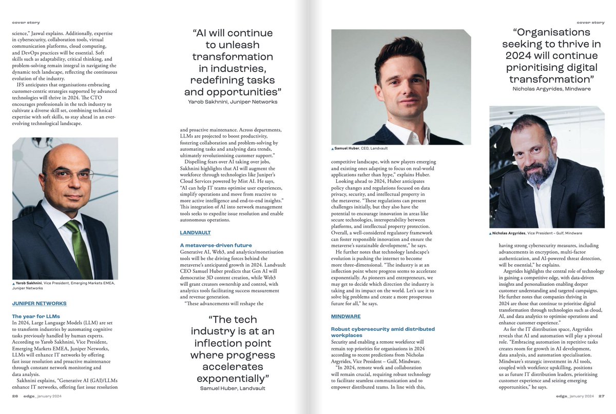 'The tech industry is at an inflection point where progress accelerates exponentially.' 💬 Our CEO @SamHuber is featured in @edgemiddleeast's first edition of 2024! He talks about how #AI and #web3 will be the driving force behind the #metaverse's growth this coming year, as…