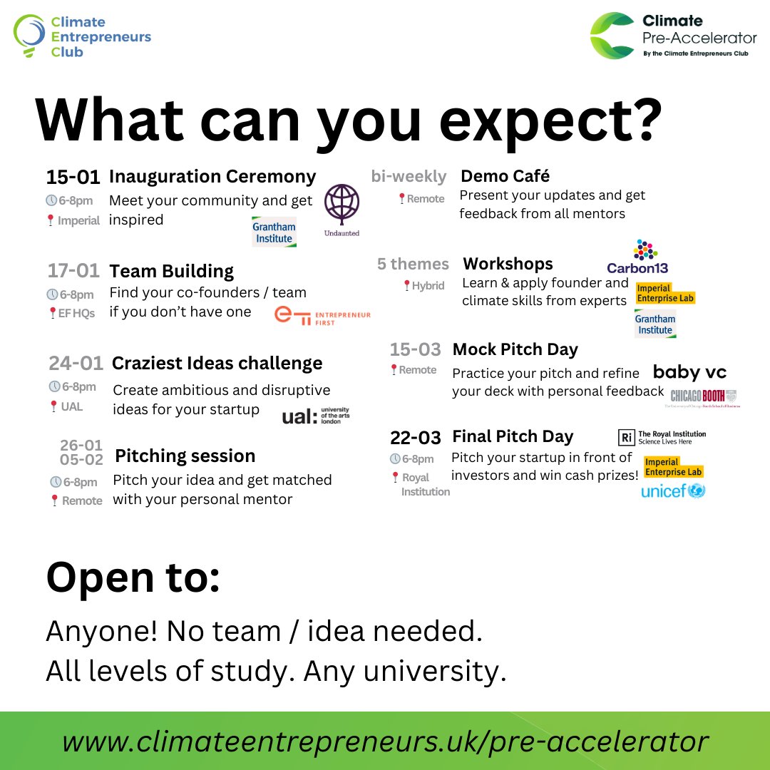📢 Are you a climate-conscious student studying at a UK university (undergrad or postgrad) keen to find co-founders and develop a climate innovation idea? Apply to the Climate Pre-Accelerator programme before 10 Jan! No team or idea necessary!

All info ➡️ climateentrepreneurs.uk/pre-accelerator