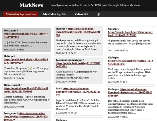 TirotG's tweet image. #Marknews : nouvelle appli, libre et gratuite, sur #LaForge pour se faire un tableau de bord de #fluxRSS et organiser sa #veille.
@Cedric_Eyssette
#Markdown
eyssette.forge.aeif.fr/marknews/