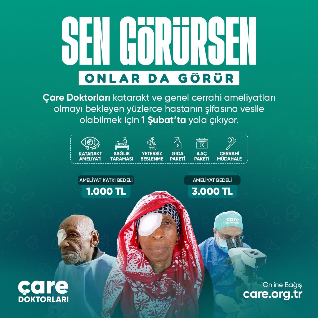 Sen Görürsen Onlar Da Görür!
Çare Doktorları katarakt ve genel cerrahi ameliyatları olmayı bekleyen yüzlerce hastanın şifasına vesile olabilmek için 1 Şubat'ta yola çıkıyor.

Online Bağış: bagis.care.org.tr/5itx13

📞 +90 212 471 08 08

 #Sağlık #Katarakt #Çaredernegi
