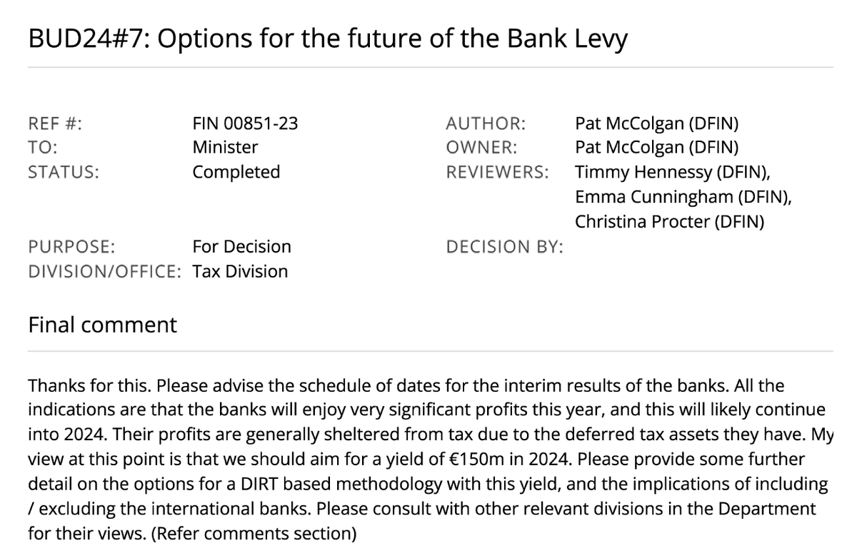 Ken Foxe (@kenfoxe) on Twitter photo Finance Minister wanted to at least double take from bank levy as he said banks were enjoying huge profits largely sheltered from tax due to losses from Celtic Tiger crash.
Latest set of records from <a href="/RightToKnowIE/">Right To Know</a> now online at:
thestory.ie/2024/01/03/fin… Finance Minister wanted to at least double take from bank levy as he said banks were enjoying huge profits largely sheltered from tax due to losses from Celtic Tiger crash.
Latest set of records from <a href="/RightToKnowIE/">Right To Know</a> now online at:
thestory.ie/2024/01/03/fin…