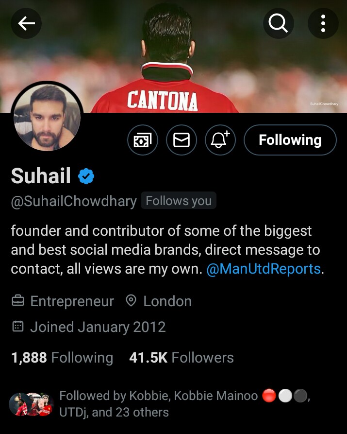damn <a href="/UTDTrey/">(fan) Trey</a> and <a href="/CFC_Janty/">Janty</a> follow this guy and he follows me? what a legend <a href="/SuhailChowdhary/">Suhail Chowdhary</a>
