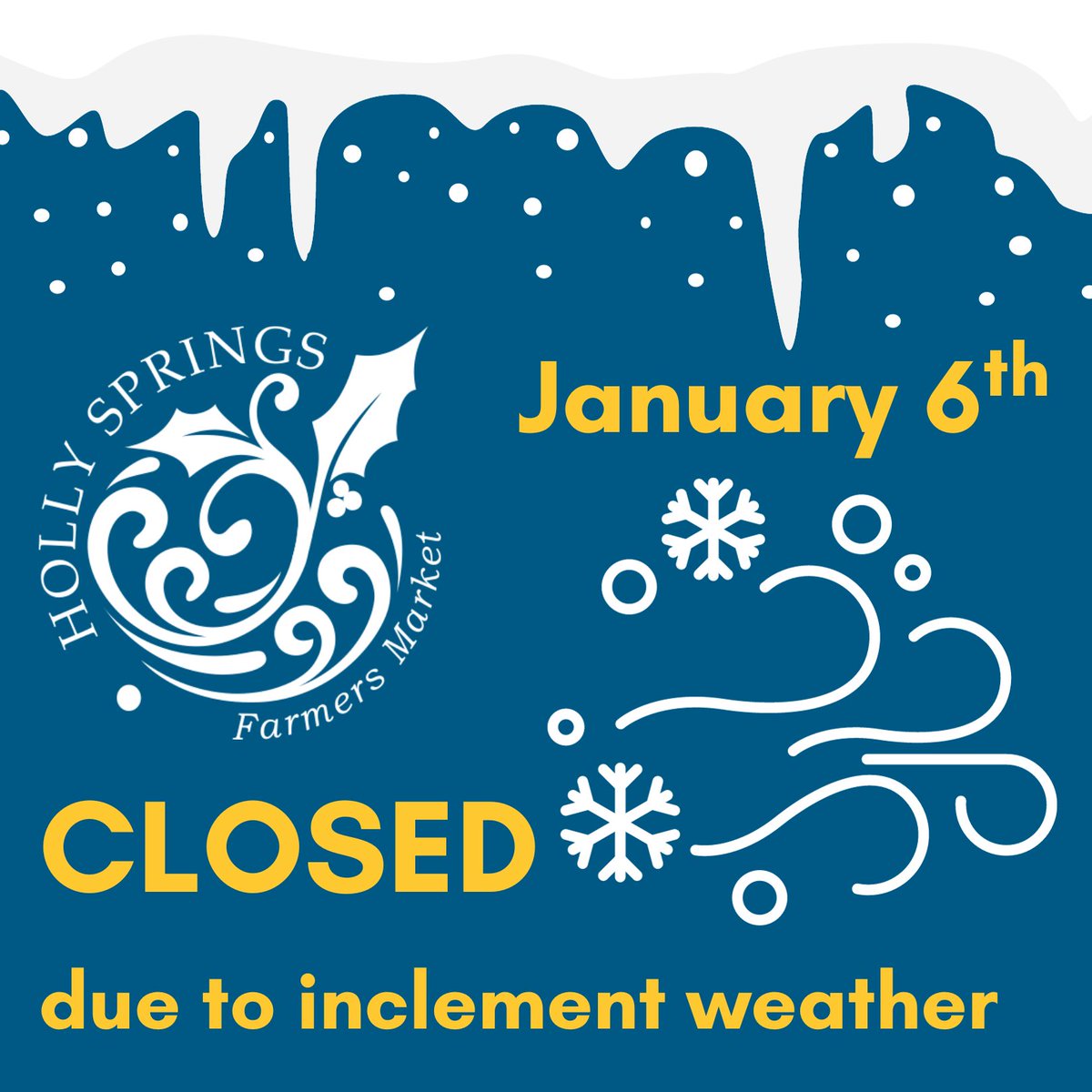 ❄️ The farmers market will be closed Saturday (1/6) on account of the weather. There's a chance of freezing rain, and safety is our top priority.
📩 To receive emails and/or texts about future cancellations, please email us that information at:  hsfarmersmarket@hollyspringsnc.gov