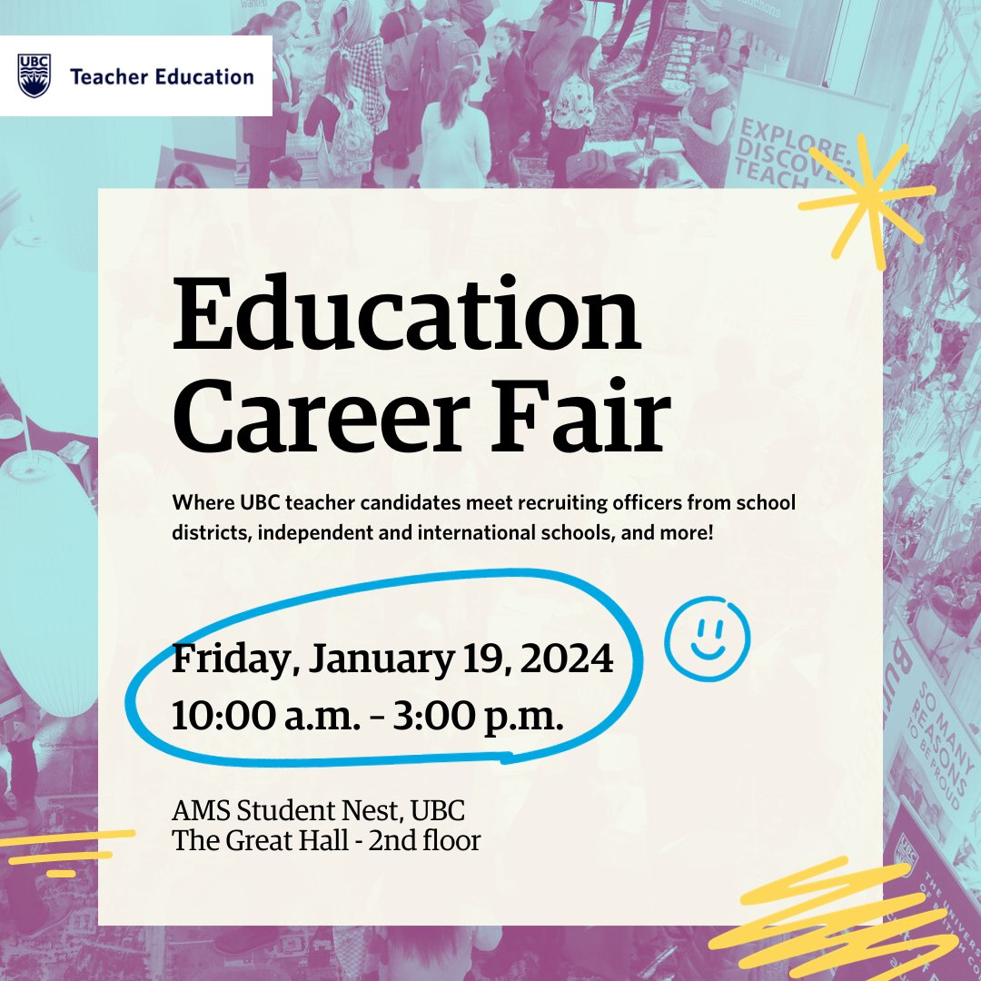 📣 Check out the full line-up of school districts, independent and international schools, and teacher recruiting organizations that will be coming to our Education Career Fair on January 19 to meet #UBCBEd2024 teacher candidates: teach.educ.ubc.ca/career-fair/#l…