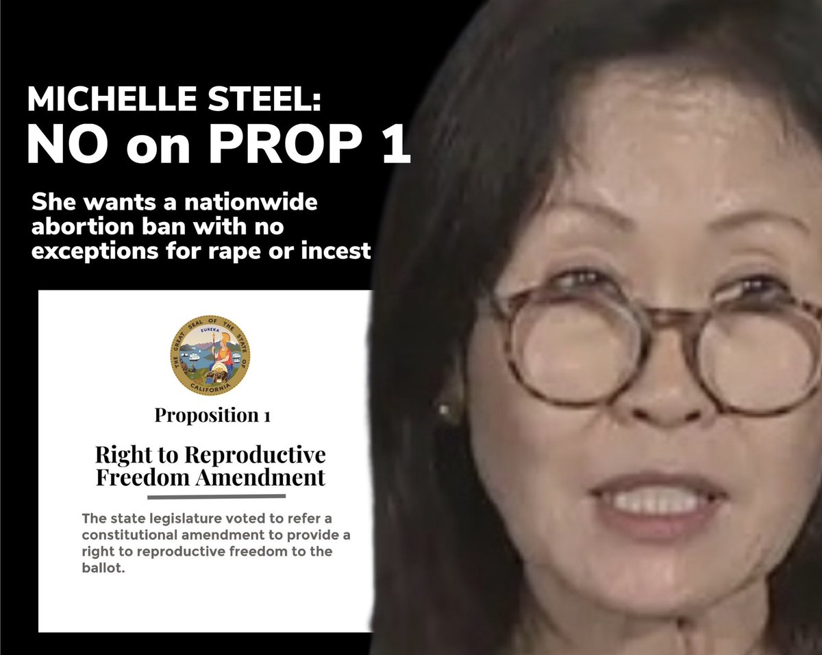 LarryTenney's tweet photo. Rep Michelle Steel #CA45  actively opposed CA Prop 1, the CA Reproductive Freedom Amendment overwhelmingly approved by CA voters

Steel reps special interests &amp; donors, no the majority of Californians 

In 2024 #NoSteel 

#SteelBadForWomen #SteelBadForHealth https://t.co/Ly2c0Xo792