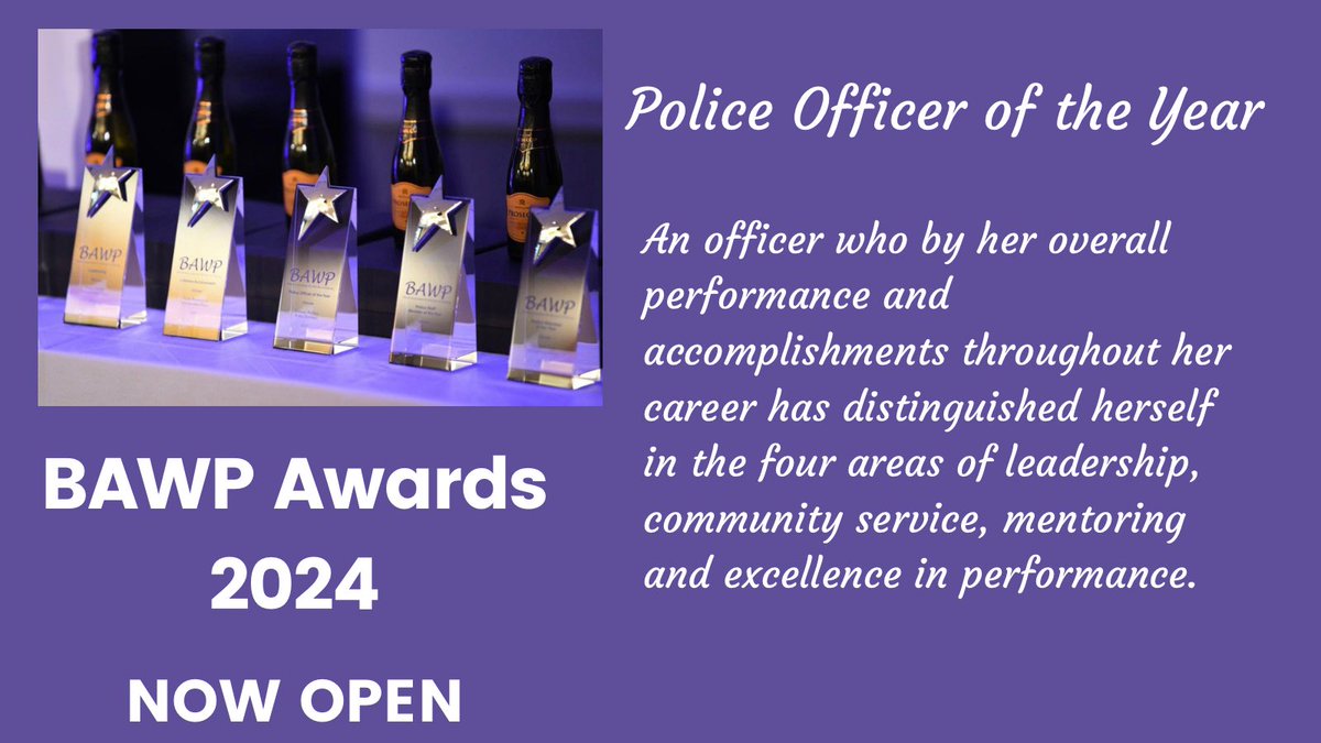 Do you know a woman who deserves Police Officer of the Year? Our BAWP Awards 2024 are open and this is one of our categories! To enter your nomination … head to BAWP website and click on Awards to find the nomination form! #bawp #bawpawards #bawpawards2024 #womeninpolicing