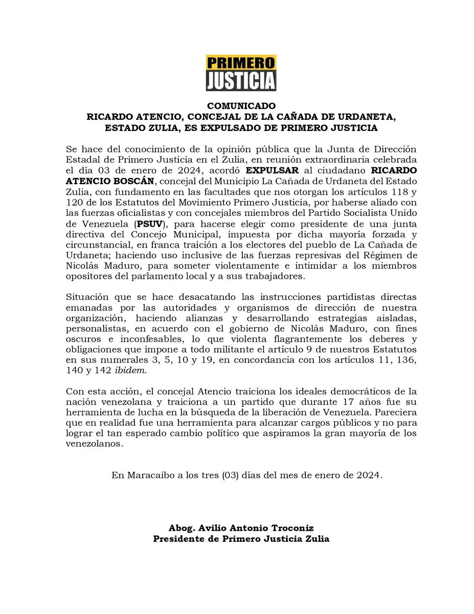 PJZulia_'s tweet image. #Comunicado| Desde la Directiva Regional de Primero Justicia Zulia anunciamos la expulsión de Ricardo Atencio, Concejal del municipio La Cañada de Urdaneta, de las filas de @pr1merojusticia. #3Enero