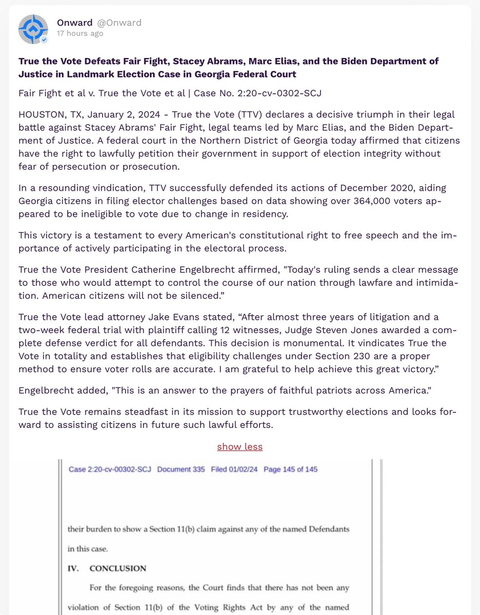 True the Vote was found not liable for civil rights violations in a lawsuit brought by Fair Fight, but TTV’s public response is telling. They repeatedly share the final page of the judge’s order…but never link to the actual order. Why? Because the judge was NOT kind to TTV. 🧵