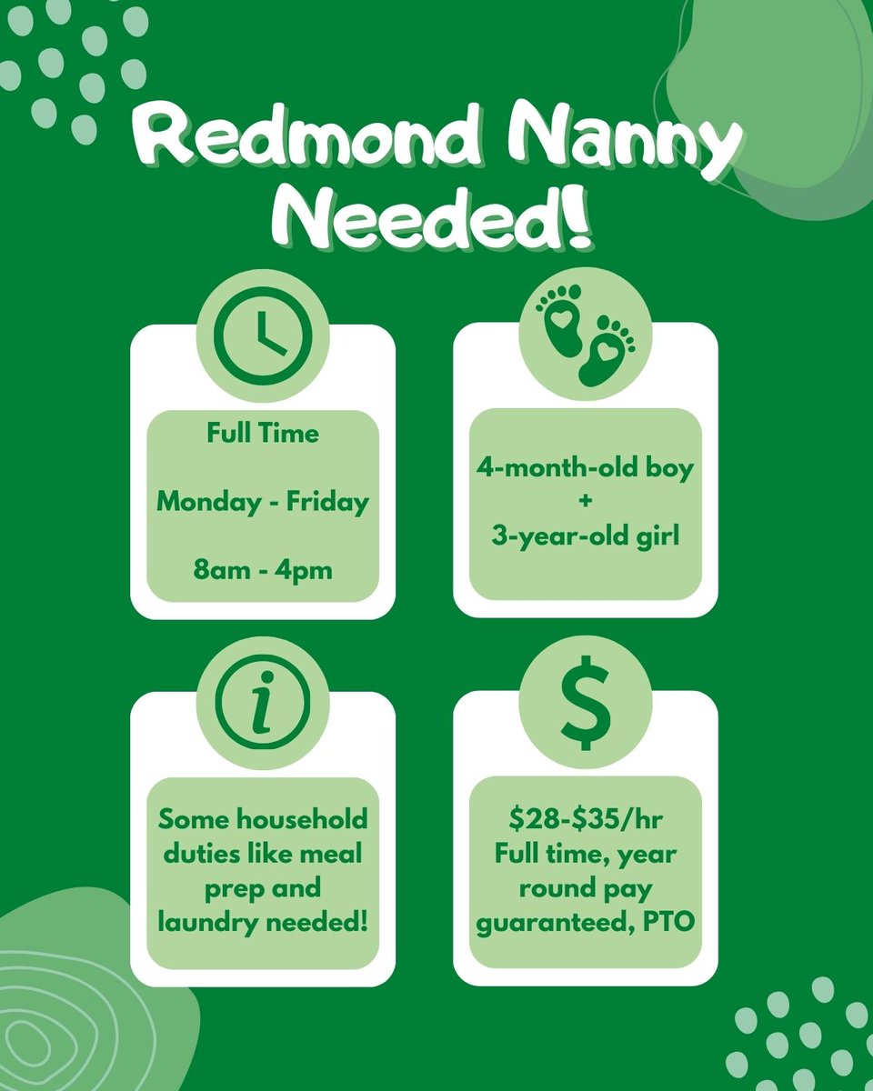 anannyforu's tweet photo. REDMOND NANNY NEEDED!💚

If you're interested, please email us at jobs@anannyforu.com with your resume.💌
We can't wait to meet you!
 #nannylife #anannyforu #hiring #nannyjob #redmondnanny #redmondjob https://t.co/X0pJRe5bu0