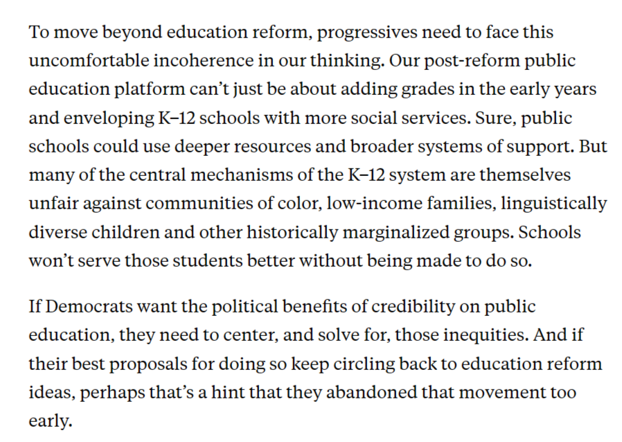 Also, here's @conorpwilliams on why White Progressives have yet to offer an alternative to the Bush/Obama model of school reform. [Hint: White Supremacy.] the74million.org/article/wait-d…