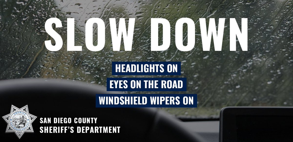 As the rain makes its way across #SanDiegoCounty, be sure to slow down. Give each other space while driving in rainy conditions. Keep your eyes on the road in case the driver in front of you unexpectedly stops. Also, keep the headlights on when using windshield wipers. #DriveSafe…