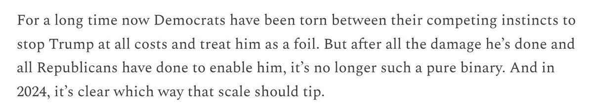 Dems still insist Trump is uniquely beatable, and the party should thus work against his more electable rivals. I’m not sure their assumptions are right: The whole party carries the Trump taint, and he’d try to sabotage whoever beat him. offmessage.net/subscribe